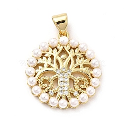 Brass Micro Pave Clear Cubic Zirconia Pendants, with ABS Plastic Imitation Pearl, Golden, Flat Round with Tree of Life Charm, Snow, 22x20.5x3.5mm, Hole: 3.4x4.5mm(KK-M235-10G)