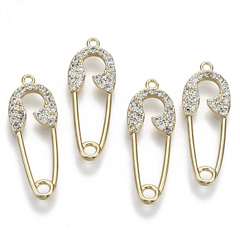 Brass Micro Pave Cubic Zirconia Pendants, Nickel Free, Real 18k Gold Plated, Pin, Clear, 27.5x10x2mm, Hole: 1.4mm