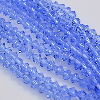 Bicone Glass Beads Strands, Faceted, Cornflower Blue, 3.5x3mm, Hole: 1mm, about 125~130pcs/strand, 13.8 inch