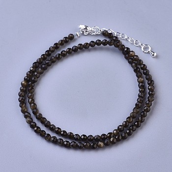 Natural Golden Sheen Obsidian Beaded Necklaces, with Brass Lobster Claw Clasps, Faceted Round Beads, 16.5 inch~16.7 inch(42~42.5cm)x3~3.5mm