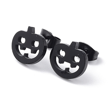 304 Stainless Steel Stud Earrings for Halloween, Punpkin, Electrophoresis Black, 10x11mm