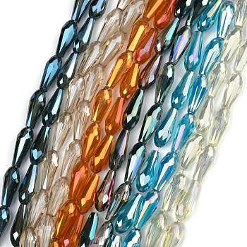 Electroplate Glass Beads Strands, Half Plated, Faceted, Teardrop, Rainbow Plated, 15x6mm, Hole: 1mm, about 50pcs/strand, 28.3 inch(72cm)