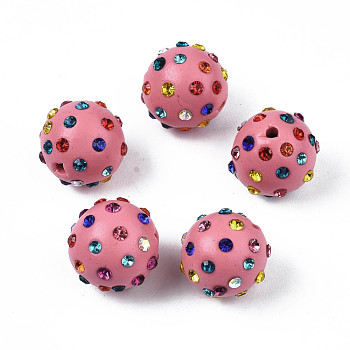 Polymer Clay Rhinestone Beads, Pave Disco Ball Beads, Round, Hot Pink, PP15(2.1~2.2mm), 14~15.5x13.5~14.5mm, Hole: 1.6mm