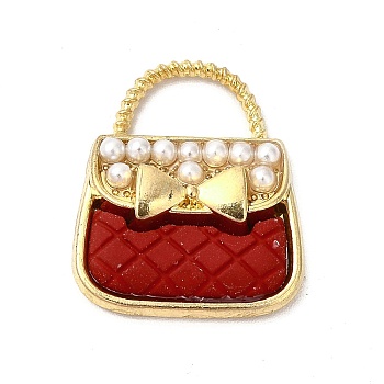 Alloy Enamel Charms, with ABS Plastic Imitation Pearl Beads, Cadmium Free & Nickel Free & Lead Free, Golden, Handbag with Bowknot Charm, Red, 18.5x16x4.5mm, Hole: 4.5x8mm