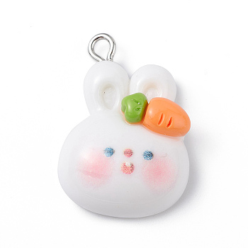 Opaque Resin Pendants, Cute Rabbit Charms, with Platinum Tone Iron Loops, Rabbit, 27x18.5x8mm, Hole: 2mm