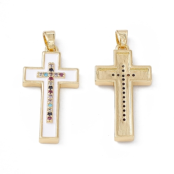 Brass Colorful Cubic Zirconia Pendants, Enamel Style, Cross Charms, Real 18K Gold Plated, White, 27.5x14x3mm, Hole: 4x2.5mm