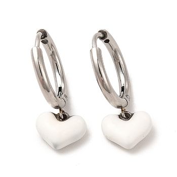 White Enamel Heart Dangle Hoop Earrings, 304 Stainless Steel Jewelry for Women, Stainless Steel Color, 21mm, Pin: 0.9mm