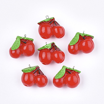 Resin Pendants, with Platinum Tone Iron Findings, Imitation Food, Cherry, Red, 28~30x28~29x17mm, Hole: 2mm