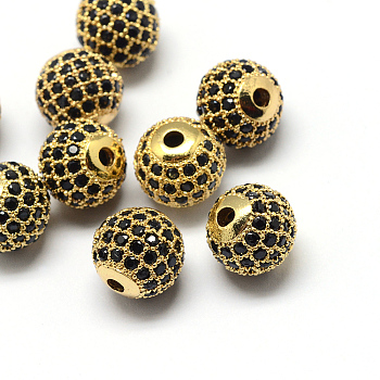 Rack Plating Brass Cubic Zirconia Beads, Long-Lasting Plated, Round, Black, Golden, 9.5~10x9~9.5mm, Hole: 2mm