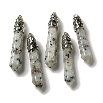 Natural Sesame Jasper Pointed Big Pendants, Faceted Bullet Charms with Rack Plating Platinum Plated Brass Findings, 56~65x11~11.5x10~10.5mm, Hole: 4X3mm
