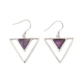 Natural Amethyst Triangle Dangle Earrings, Real Platinum Plated Rhodium Plated 925 Sterling Silver Earrings for Girl Women, 41x27.5mm