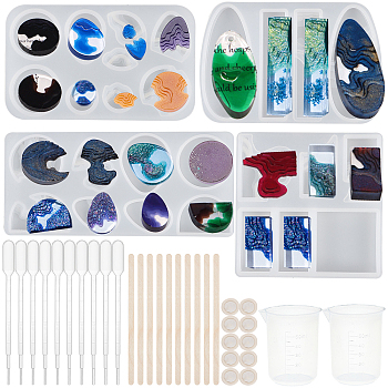 Olycraft Ocean Theme DIY Silicone Molds Kits, Include Birch Wooden Craft Ice Cream Sticks and Plastic Transfer Pipettes, Latex Finger Cots, Plastic Measuring Cup, White, 58x96x7mm, Inner Diameter: 7~24x12~23mm