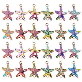 60Pcs 12 Styles Printed Alloy Connector Charms, Starfish Links, Light Gold, Nickel, Mixed Color, 23x16x1.5mm, Hole: 1.8mm, 5pcs/style