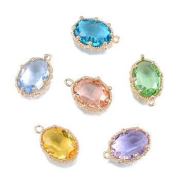 Transparent K9 Glass Pendants, with Light Gold Plated Brass Findings, Cadmium Free & Lead Free, Faceted, Oval, Mixed Color, 19x12.5x6mm, Hole: 1.4mm