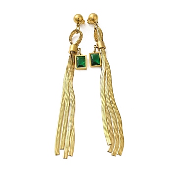 Rhinestone Long Dangle Stud Earrings, Golden Titanium Steel Chains Tassel Earrings, Rectangle, 90x10mm