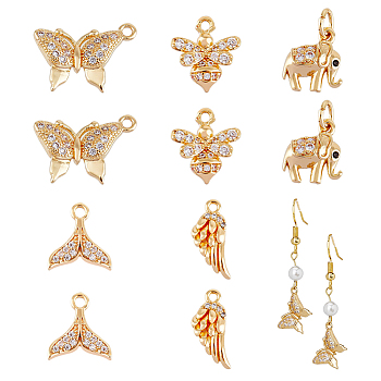 10Pcs 5 Style Brass Micro Pave Clear Cubic Zirconia Pendants, Butterfly & Bee & Wing & Elephant & Fishtail Shaped, Golden, 10.5~16x6~13x2~3mm, Hole: 1.2~3mm, 2pcs/style
