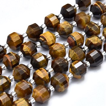 Natural Tiger Eye Beads Strands, Faceted, Round, 8x7~8mm, Hole: 1mm, about 38pcs/Strand, 15.35 inch(39cm)