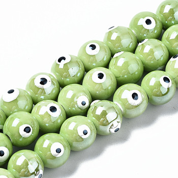 Handmade Porcelain Ceramic Beads Strands, Bright Glazed Porcelain, Round with Evil Eye, Light Green, 10.5mm, Hole: 1.8mm, about 32pcs/strand, 12.01 inch(30.5cm)