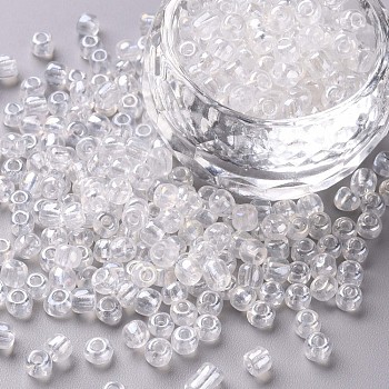 Glass Seed Beads, Trans. Colours Lustered, Round, Clear, 4mm, Hole: 1.5mm, about 500pcs/50g, 50g/bag, 18bags/2pounds