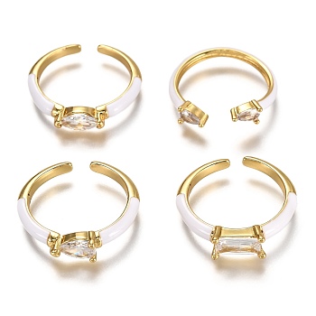 Brass Enamel Cuff Rings, Open Rings, with Clear Cubic Zirconia, Mixed Shapes, Real 18K Gold Plated, Long-Lasting Plated, White, US Size 6, Inner Diameter: 17mm
