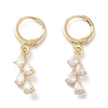 Rack Plating Brass Leverback Earrings, Teardrop Cubic Zirconia Dangle Earring for Women, Golden, Clear, 30.5x7.5mm