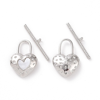 Shell Toggle Clasps, with Brass Findings, Heart Lock, Platinum, Bar: 25.5x4x2mm, Hole: 1.4mm, Heart: 22.5x15x5mm