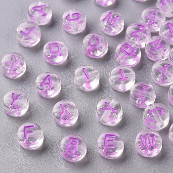 Transparent Clear Acrylic Beads, Horizontal Hole, Flat Round with Random Letter, Medium Orchid, 7x4mm, Hole: 1.6mm, about 3700pcs/500g