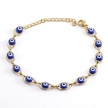 Golden Stainless Steel Enamel Horse Eye Link Chain Bracelets, Blue, 6-3/4 inch(17cm)