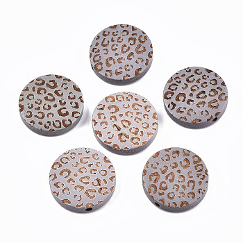Painted Natural Wood Beads, Laser Engraved Pattern, Flat Round with Leopard Print, Light Grey, 20x5mm, Hole: 1.5mm