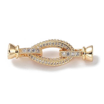 Rack Plating Brass Micro Pave Clear Oval Cubic Zirconia Fold Over Clasps, Cadmium Free & Lead Free, Long-Lasting Plated, Golden, Oval: 2.5x12x3.5mm, Clasp: 14.5x7mm, Inner Diameter: 5mm