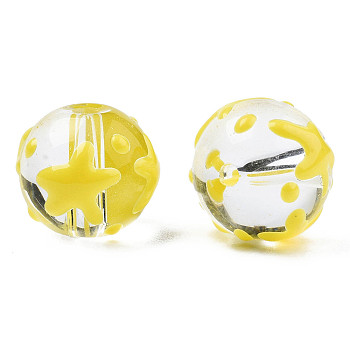 Transparent Glass Beads, with Enamel Star Pattern, Round, Yellow, 13x12x11mm, Hole: 1.6mm