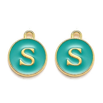 Golden Plated Alloy Enamel Charms, Enamelled Sequins, Flat Round with Alphabet, Letter.S, Green, 14x12x2mm, Hole: 1.5mm