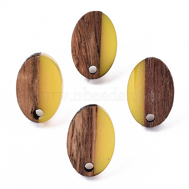 Stainless Steel Color Gold Oval Resin+Wood Stud Earring Findings