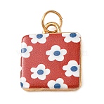 Printed 304 Stainless Steel Pendants, Square with Flower Charms, Real 18K Gold Plated, Red, 18.5x15.5x3.5mm, Hole: 3.5mm(SA-CBAAB49-03G-01)