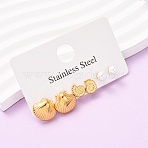 3 Pairs Shell Shape 304 Stainless Steel Stud Earrings, with ABS Imitation Pearl, Ion Plating(IP), Real 18K Gold Plated, 9.5~17x6~15mm(EJEW-K268-90G)