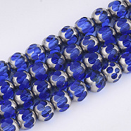 Electroplate Glass Beads Strands, Half Silver Plated, Faceted, Round, Blue, 8~8.5x7~8mm, Hole: 1mm, about 40pcs/strand, 11.8 inch(X-EGLA-T019-02C)