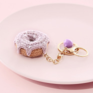 Cotton Crochet Food Keychain, with Iron Key Rings & Lobster Claw Clasps & Bell, Donut, 13x4.8cm(KEYC-PW0002-108K)