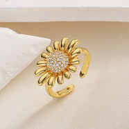 Brass Micro Pave Cubic Zirconia Cuff Rings for Women, Sunflower, Real 18K Gold Plated, 20.5mm(RJEW-P129-06A-G)