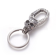 304 Stainless Steel Split Key Rings, Keychain Clasp Findings, Skull, Antique Silver, 72.5mm, Ring: 28x2.5mm, 22mm Inner Diameter(STAS-E452-63AS)