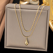 Teardrop 304 Stainless Steel Pendant Necklaces for Women, Double Layer Snake Chain Necklaces, Golden, 16.46 inch(41.8cm)(NJEW-G157-06G)