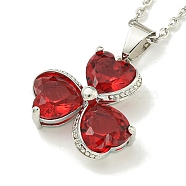 304 Stainless Steel Cable Chain Necklaces, Brass Red Cubic Zirconia Clover Pendant Necklaces, Stainless Steel Color, 17.99 inch(45.7cm)(NJEW-H040-12P)