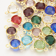 Glass Charms, with 304 Stainless Steel Finding, Flat Round, Faceted, Golden, Mixed Color, 12x13x4mm, Hole: 1.5mm(GLAA-S171-003)