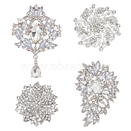 4Pcs 4 Style Rhinestone Flower Brooch Pins, Silver Alloy Badges for Backpack Clothes, Crystal, 52~95x8~19mm, 1Pc/style(JEWB-AN0001-04)