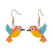 Glass Seed Braided Woodpecker Dangle Earrings, Golden Brass Jewelry for Women, Colorful, 38mm, Pin: 0.6mm(EJEW-MZ00031)