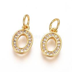 Brass Micro Pave Clear Cubic Zirconia Charms, with Jump Ring, Number, Golden, Num.0, 11x7x2mm, Hole: 3mm(ZIRC-L092-00-G)