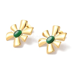 Flower Golden Ion Plating(IP) 304 Stainless Steel Stud Earrings for Women, with Cat Eye, Golden, Green, 23x23mm(EJEW-L287-054G)