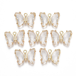 Glass Pendants, with Micro Pave Cubic Zirconia and Brass Open Back Settings, Faceted, Butterfly, Light Gold, Clear, 15.5x20x4mm, Hole: 1.8mm(X-GLAA-T021-24I)