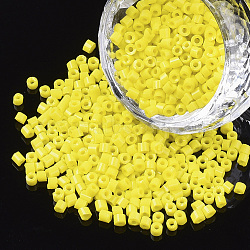 8/0 Glass Bugle Beads, Opaque Colours, Yellow, 8/0 2.5~3x2.5mm, Hole: 0.9mm, about 15000pcs/bag(SEED-S032-02A-01)