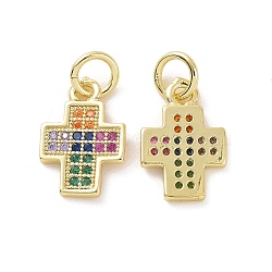 Brass Micro Pave Cubic Zirconia Charms, with Jump Ring, Real 18K Gold Plated, Cross, Colorful, 13x8.5x2mm, Jump Ring: 5x0.8mm, Inner Diameter: 3.2mm(KK-E068-VF127)