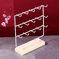 3-Tier 15-Hook Iron Jewelry Display Stands with Wooden Base, Jewelry Organizer Holder for Earring Display Cards, Hair Ties, Bracelets Storage, Rectangle, White, 24x7x27cm(PAAG-PW0008-003A)